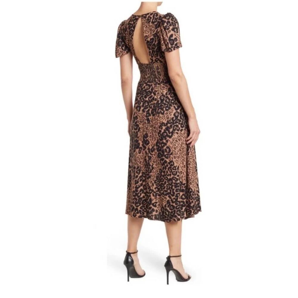 AFRM Jamie Short Sleeve Leopard Print Open Back Short Sleeve Midi Dress • Size M
